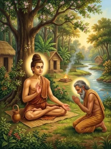 The sage Jaigishavya sits in meditation and teaches liberation to the bowing sage Asita Devala.