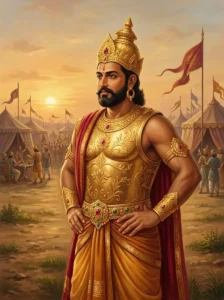 King Jalasandha stands firmly in golden armor at the Kaurava military camp in Kurukshetra during sunset.