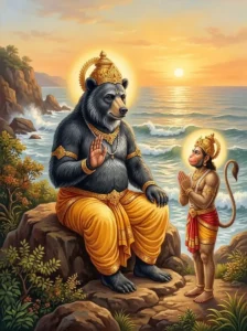 Jāmbavān sits on a coastal rock with raised hand, inspiring Hanumān on the seashore.