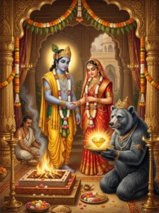 Jāmbavatī weds Kṛshṇa as her father Jāmbavān presents the Syamantaka gem.