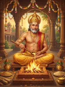 King Janaka of Mithila performs a Vedic fire ritual, embodying the ideal of a philosopher-king engaged in sacred duty.