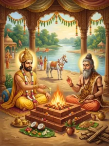 King Janaka and sage Yajnavalkya perform the Aśvamedha sacrifice on the Gautami riverbanks.
