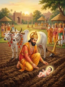 King Janaka discovers the radiant infant Sītā while ploughing the sacrificial ground.