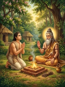 King Janamejalya kneels before sage Indrota Śaunaka by a sacred fire in a forest.