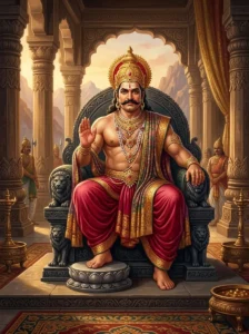 King Jarāsandha sits imposing and proud on an ornate stone throne in his royal court.