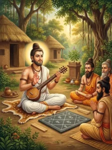 The celestial sage Nārada teaches Jātaka astrology to attentive disciples using a birth chart diagram.