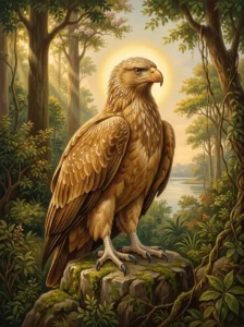 Jaṭāyu, the colossal divine eagle, gazes nobly from a stone perch in the Panchavati forest.