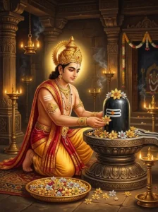 King Jayadata reverently worships a polished black stone Śiva liṅga with gold and gem-inlaid flowers.