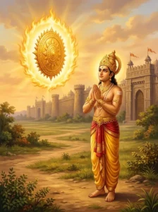 Prince Jayadhvaja stands in devotion as the radiant Sudarśana cakra appears before him near the Haihaya city gates.