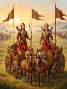The Panchala chariot-warriors Jayanta and Amitaujas stand ready in their war chariots with strung bows.