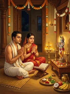 A householder and his wife performing the midnight Jayanti Vrata puja before a sacred image of Kṛshṇa