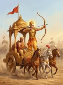 Jayaratha stands on a wooden war chariot with a bow during the Kurukshetra war.