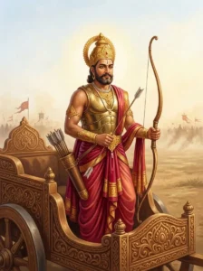 King Jayatsena of Magadha stands armed in his royal war chariot on the Kurukshetra battlefield.