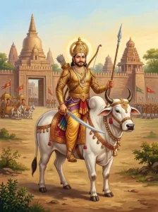King Jina of Kīkaṭapura sits upright on a powerful war-bull in battle armor, holding a sword and spear.