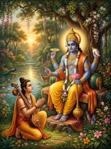 Bhagavān Vishṇu radiates divine light while Devarshi Nārada kneels in reverence with his vīṇā.