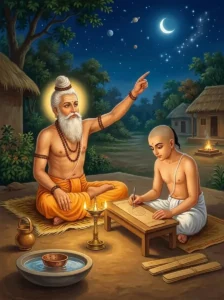An elder ṛshi teaching the celestial science of Jyotisha to a seated young student under the night sky