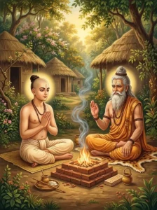 Sage Kaca sits before a fire altar, learning the Sanjivani vidya from Shukracharya in the forest.
