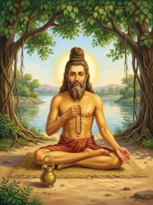 Sage Kahoda sits in lotus posture on a riverbank, engaged in deep austerity and Vedic recitation.