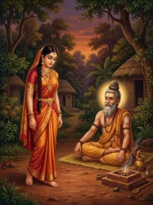 Kaikasi stands before the sage Vishravas at his hermitage during the twilight hour.
