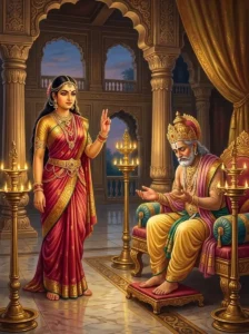 Queen Kaikeyi stands resolutely before King Dasaratha, raising two fingers to demand her boons.
