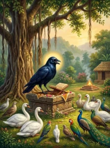 Kākabhuśuṇḍi as a majestic crow narrates scripture to attentive birds beneath a sacred banyan tree.