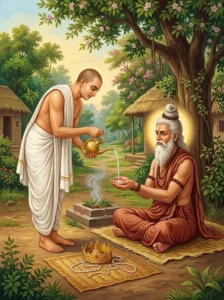 King Kakshasena pours ceremonial water to give away his wealth to the sage Vasishṭha.
