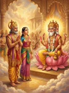 King Kakudmi and his daughter Revatī stand with folded hands before the creator god Brahma in Brahmaloka.