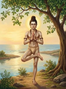 The ascetic Kālabhīti performs intense penance to Śiva on one toe under bilva leaves.