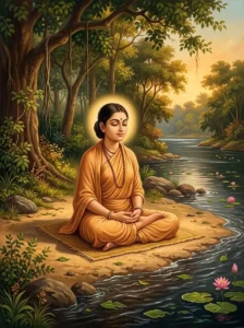 Kālindī performs tapas in deep meditation on a kusha grass mat by the Yamuna river.