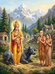 The Kalinga king in luminous human form with hands in anjali mudra beside a water buffalo, Devadasa, and Uttama in the.