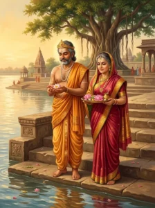 King Kalingaraja and Queen Manorama offer worship to Vishṇu at a sacred tīrtha pool.