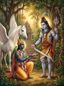 Bhagavān Kalki kneels respectfully as Bhagavān Śiva bestows divine gifts upon him in a sacred grove.
