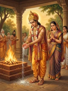 King Kalmāshapāda pours water onto his feet by a sacred fire, watched by Queen Madayantī.