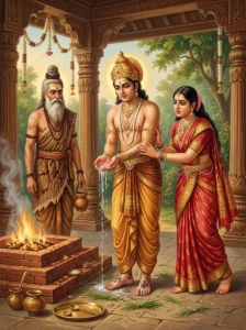 Queen Madayanti restrains King Kalmāshapāda beside a sacrificial fire as sage Vasishṭha watches gravely.