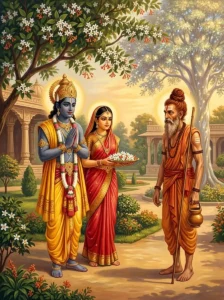 Rāma and Sītā welcome the ascetic sage Durvasa under the blooming Parijata tree in Ayodhya
