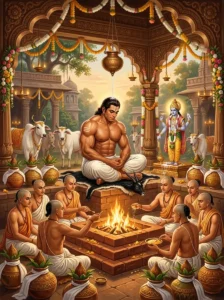 Bhimasena performing the Kalyana-Bhima Dvadashi rite beneath a dripping sacred pot before an altar of Vishṇu and the holy fir