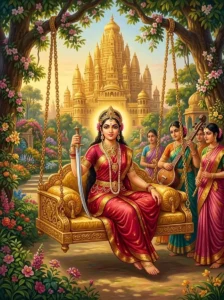 The asura princess Kāmakaṭaṅkaṭā sits regally on a golden swing with attendants in a palace garden.