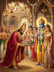King Kambukantha respectfully presents wedding gifts to Rāma and Sītā in a traditional hall.
