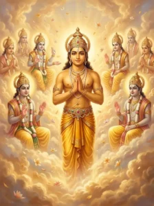 The Yadava hero Kampa merges into the luminous presence of the Visvedevas in heaven.