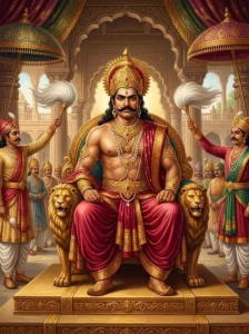 King Kaṃsa sits sternly upon an elevated golden throne in his royal assembly at Mathurā.