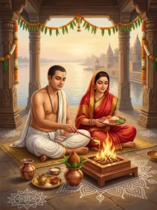 A devout householder couple performing a traditional kamya vrata ritual before a domestic altar and sacred fire