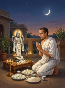 A devotee performing the evening Kanti Vrata worship before a sacred icon of Bala-Keshav under the newly risen crescent moon