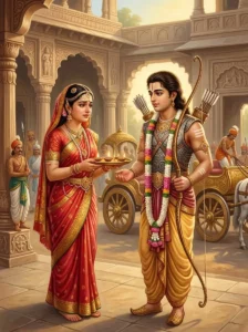 Kāntimatī waves an arati lamp to bless her husband Pushkala for the Aśvamedha expedition in a stone courtyard.