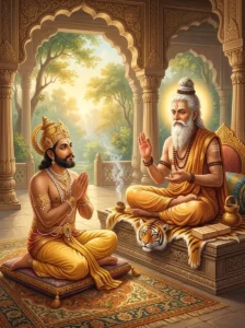 King Kārāla Janaka humbly seeks the Samkhya-Yoga teaching from sage Vasishṭha in the morning light.