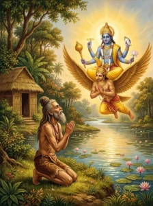 Kardama Prajāpati kneels in prayer on the shore of Bindu-sara as four-armed Vishṇu appears above on Garuḍa.