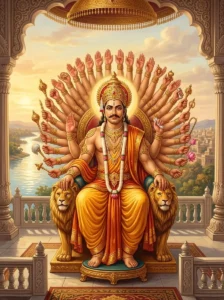 Emperor Kārtavīrya Arjuna displays his thousand arms while seated on a golden throne overlooking the Narmada River.