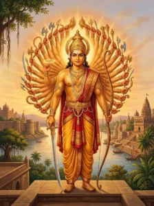 Kārtavīryārjuna stands regally with a thousand radiant arms near the Narmadā river and Māhishmatī.