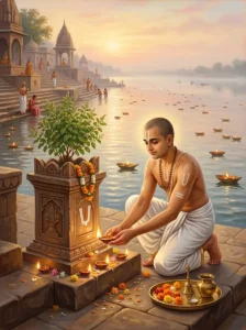 A Vaishṇava devotee performing the Kartika puja by offering a lighted ghee lamp to a sacred Tulasi plant on a riverbank at da