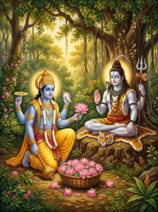 Vishṇu with blue skin kneels in a forest and offers a lotus flower to the meditating Śiva.