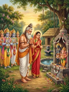 Agastya Maharshi and Lopāmudrā bow before Kālabhairava and Ḍhuṇḍhi Vināyaka shrines before departing from Kāśī.
